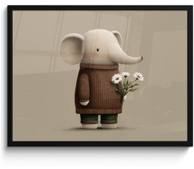 Poster in lijst - Fotolijst 70x50 cm - Posters - Olifant - Witte bloemen - Kindvriendelijk - Posterlijst zwart - Decoratie - Wanddecoratie woonkamer - Muurdecoratie slaapkamer