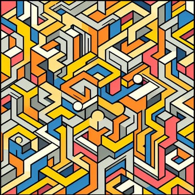 Pop art escher schilderij | Escher geïnspireerde pop art creatie vol visuele illusies en contrasten | Kunst - 80x80 centimeter op Dibond | Foto op Dibond