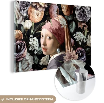 MuchoWow® Glasschilderij 60x40 cm - Schilderij acrylglas - Meisje met de parel - Bloemen - Vermeer - Pastel - Kunstwerk - Schilderij - Oude meesters - Foto op glas - Schilderijen