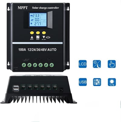 Zonne-oplader - Kunststof behuizing + aluminium koelplaat – 100A MPPT zonne-laadregelaar - Automatische herkenning van 12V/24V/36V/48V - Geschikt voor zonnepanelen - Eén set - Zwart