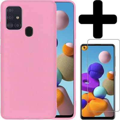 Hoesje - Met Screenprotector - Geschikt voor Samsung Galaxy A21s - Sterk & Shockproof - Telefoon Hoes - Back Cover - Siliconen Case - Telefoonhoes - Lichtroze