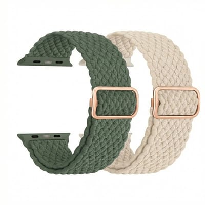 Beige groen nylon horloge band 2 pack dames heren geschikt voor Apple Watch 38 mm / 40 mm / 41 mm / 42 mm (serie 10 / 11) – rekbare band – gevlochten verstelbare stijl