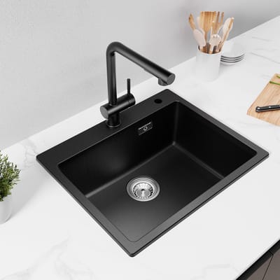 CECIPA Max Spoelbak voor keuken 55 x 45 cm - Graniet Spoelbakken Zwart - Enkele spoelbak - inclusief sifon en overloop