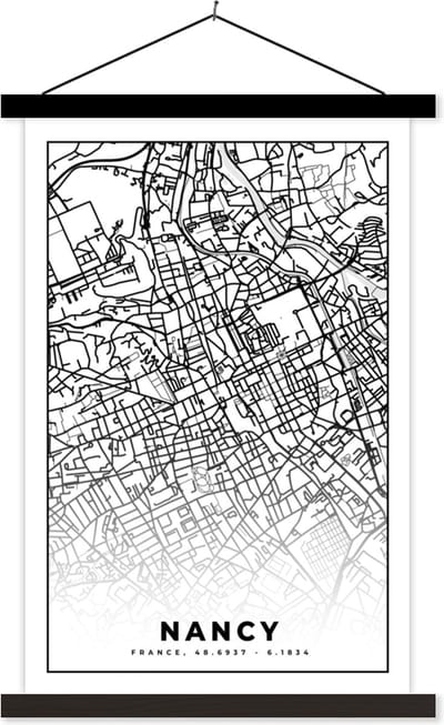 Posterhanger incl. Poster 40x60 cm - Schoolplaat - Stadskaart - Nancy - Plattegrond - Kaart - Frankrijk - Zwart wit - Textielposter - Zwarte latten - Stadskaart