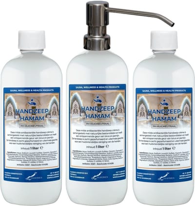 Handzeep Hamam 1 liter - set van 3 stuks - met gratis RVS zilverkleurige pomp - Voordeelverpakking