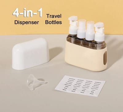 4-in-1 Reisset met 50ml Flessen – Compacte en Herbruikbare Toilettas voor Reizen, Ideaal voor Shampoo, Lotion, en Verzorgingsproducten