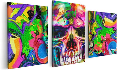 Artaza Canvas Schilderij Drieluik Gekleurde Schedel - Doodskop - Doodshoofd - 120x60 - Foto Op Canvas - Canvas Print