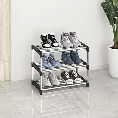 Famanu Klein schoenenrek, stapelbaar schoenenrek, 3 niveaus, beenruimteopslag, licht schoenenrek, opbergen, organizer, stabiel smal schoenenrek voor kast, entree, hal