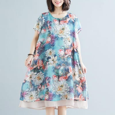 Dameskleding Chiffon Jurk Grote Maat Losse Ronde Hals Korte Mouw Bedrukking Midi-lengte XXXXL gray