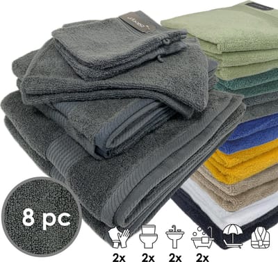 iSleep Terry Badtextiel - Voordeelset (8 delig) - 2x Washandje 16x22 cm - 2x Gastendoekje 30x50 cm - 2x Handdoek 60x110 cm - 2x Badlaken 70x140 cm - Antraciet