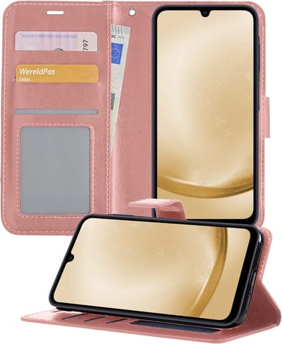 Hoesje - Met Pasjeshouder - Geschikt voor Samsung Galaxy A25 - Luxe Bookcase Portemonee - Flip Case - Kunstleer Book Case - Flipcase - Book Cover - Walletcase - Portemonneehoes - Telefoonhoesjes - Rosé goud