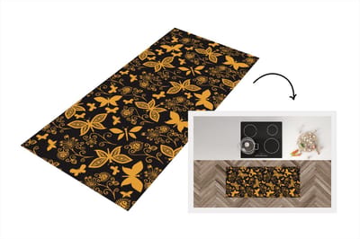 Keukenloper - Loper keuken - Bloemen - Vlinder - Goud - Patroon - 120x50 cm - Keukenloper vinyl