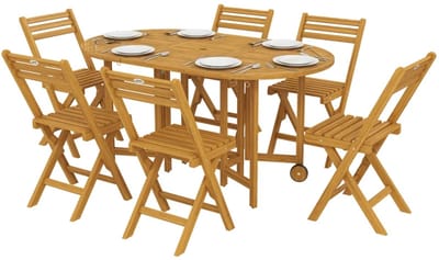 Tuinset - 7-delige Inklapbare Zitgroep - met 1 Tuintafel met Parasolgat & 6 Stoelen - Tuinmeubelset voor 6 Personen - Tuintafelset - Tuin Eetset - Diningset - Zitset - Weerbestendig - voor Terras, Balkon, Tuin - Natuurlijk Hout
