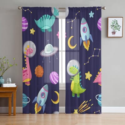 Ruimteschip Raket Dinosaurus Maan Transparante Gordijnen voor Woonkamer Transparant Tule Raamgordijn Slaapkamer Keuken Decor Sluier Draperieën 135W x 114H(cm) blue