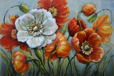 Schilderij - Metaalschilderij - Klaprozen, 3D uitvoering, 120x80cm, handgeschilderd, ophanghaakjes meegeleverd