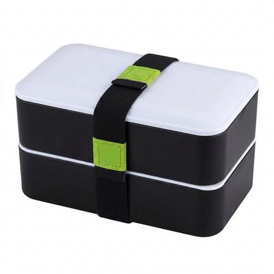 Lomera Lunchbox met Bestek - Lunchbox 2 Laags - Bento Box - Lunchbox met Vakjes - Lunchbox Volwassenen - Lunchbox Kinderen - Broodtrommel met Bestek - Broodtrommel 2 Laags - Zwarte Lunchbox