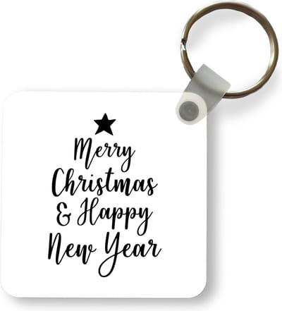 Sleutelhanger - Uitdeelcadeautjes - Kerst quote "Merry Christmas & Happy New Year" op een witte achtergrond - Plastic - Kerst - Cadeau - Kerstcadeau voor mannen en voor vrouwen