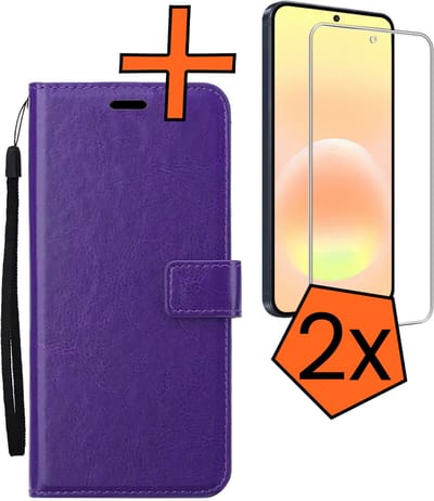 Hoes - Met 2x Screenprotector - Geschikt voor Samsung Galaxy A57 - Luxe Pasjeshouder - Bookcase Portemonee - Flip Case - Kunstleer Book Case - Flipcase Hoes - Book Cover - Walletcase - PortemonneeHoes - Paars