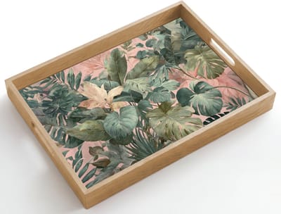 Dienblad hout 50x35 cm - Schootdienblad - Compositie van bladeren - Groen - Roze - Borrelplank rechthoek - Plateau dienbladen
