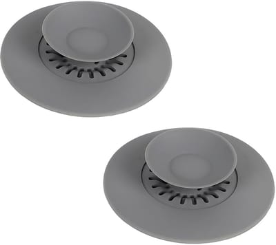 2 stuks universele afvoerstoppen van siliconen, wastafel- en badkuipstoppen met persfunctie en haarfilter, praktische afvoer voor wastafels, badkuipen en wastafels (grijs)