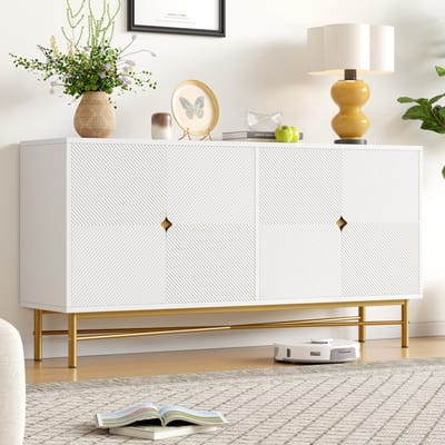 Sweiko Dressoir - Reliëfstructuur - 4 deuren - Gouden handgrepen - 160×40×82 cm - Wit
