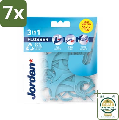 7 x Jordan Flosser 3-in-1 50 stuks per verpakking - Grootverpakking - 3-in-1 Flosser - Mondhygiëne - Flosdraad - Tandenstoker - Tongschraper