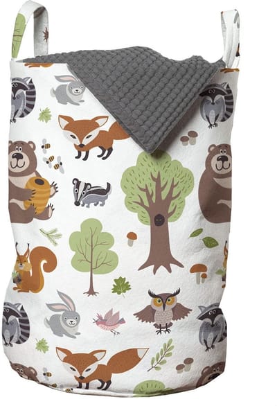 Dailygoods- Waszak Duurzaam - Wasmand met Handgrepen - Koordsluiting - 33 cm Breed - 49 cm Hoog - Bedrukte Mand met Bosdieren - Opbergmand