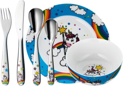 SnelShoppen - WMF Eenhoorn Kinderservies 6-delig - Kinderservies met Ergonomisch Kinderbestek - Roestvrij Staal Vaatwasmachinebestendig - Voor Kindere