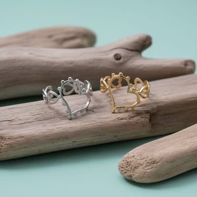 Aramat Jewels | Ringen | Open Ring Hartjes Schakel met Bolletjes Versiering (RVS Verstelbaar) | Goudkleur | |17mm | Staal | Volwassenen | Verkleurd niet