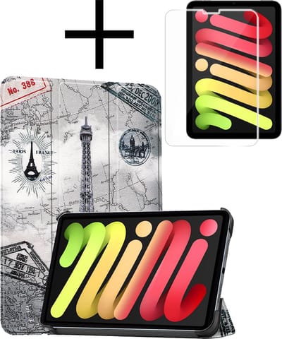 Hoes - Geschikt voor Apple iPad Mini 7 (2024) - 8.3 inch - 7e Generatie - Met Screenprotector - Trifold Bookcase - Hard Cover - Hardcover Book Case - Tablet Hoesje - Eiffeltoren