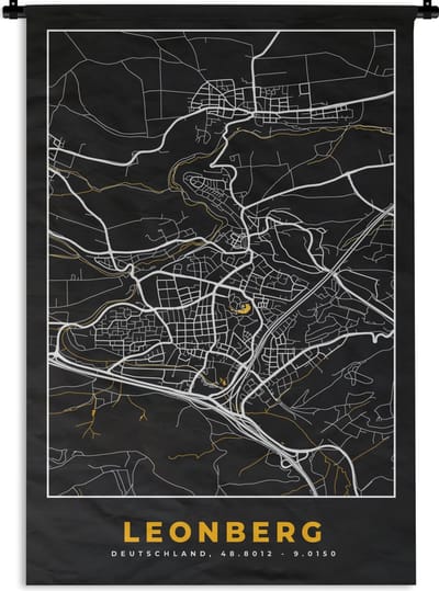 Wandkleed - Wanddoek - Black and Gold – Stadskaart – Leonberg – Duitsland – Plattegrond – Kaart - 120x180 cm - Wandtapijt
