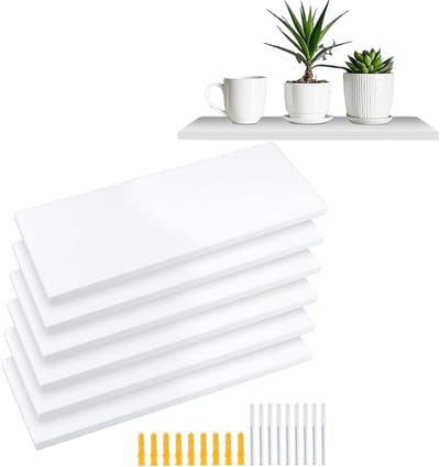 Set van 6 Wandplanken 40x15x1.5cm Wit, Drijvende Planken met Uitbreidingsbuis en Schroeven, Ideaal voor Slaapkamer, Kantoor en Interieurdecoratie