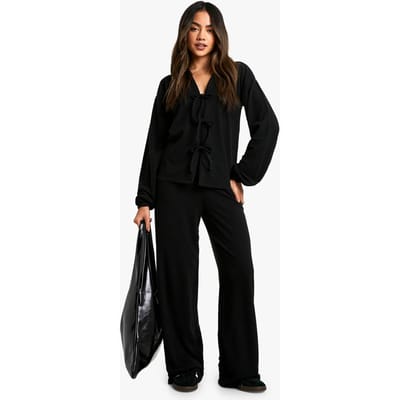 boohoo Dames Rib Tie Front Blouse en Broek Co-ord | Black | Maat: 6