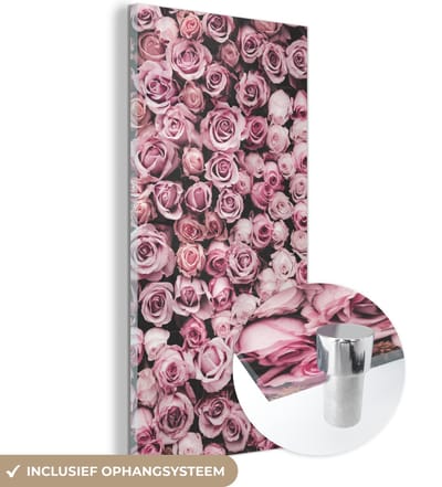MuchoWow® Glasschilderij 20x40 cm - Schilderij acrylglas - Bloemen - Rozen - Natuur - Roze - Botanisch - Foto op glas - Schilderijen