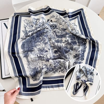 Dames Sjaal - Sjaals - Stola - Vierkante doek - Elegant Stijlvol Dames haar sjaal - Satijn zijde - Hals sjaaltje - Sjaaltje Satijn - Neksjaaltje - Omslagdoek Modesjaals - Neksjaal - Klein Sjaaltje -kokosboom jungle - blauw wit-70*70CM