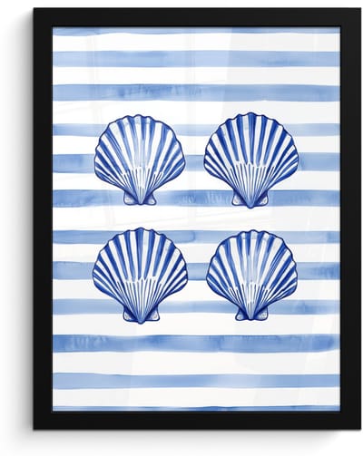 Poster in lijst - Fotolijst 30x40 cm - Posters - Vier schelpen - Blauw - Wit - Strepen - Posterlijst zwart - Decoratie - Wanddecoratie woonkamer - Muurdecoratie slaapkamer
