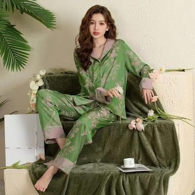 Zijden Pyjama Dames Tops Lange Mouw Lange Broek Pyjama Set Huiskleding Bedrukte Avondpyjama 2XL black