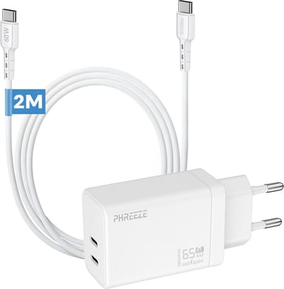 Phreeze usb C snellader 65w met usb C naar usb C kabel 2 meter - Power Delivery oplader met 2 usb C poorten