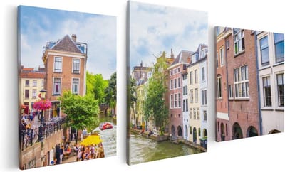 Artaza Canvas Schilderij Drieluik Huizen Aan De Oudegracht In Utrecht - 120x60 - Foto Op Canvas - Canvas Print