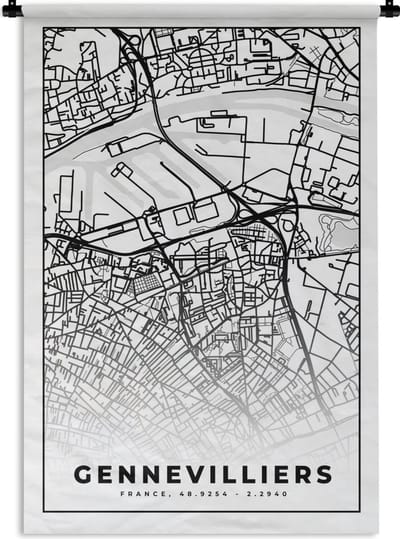 Wandkleed - Wanddoek - Stadskaart - Frankrijk - Kaart - Plattegrond - Gennevilliers - Zwart wit - 120x180 cm - Wandtapijt