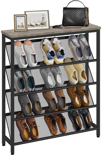 Schoenenrek, 5-laags schuine schoenenopbergplank, smal schoenenrek voor entree, schoenenorganizer met verstelbare voeten, slanke schoenenplank met houten bovenkant en metalen frame, greige en