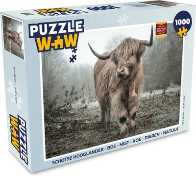 Puzzel Schotse Hooglander - Bos - Mist - Koe - Dieren - Natuur - Legpuzzel - Puzzel 1000 stukjes volwassenen
