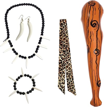 5-delige Prehistorische Kostuumset - Unisex Opblaasbare Mace, Hoofdband, Ketting, Armband en Oorbellen voor Halloween, Carnavalsfeesten en Cosplay evenementen
