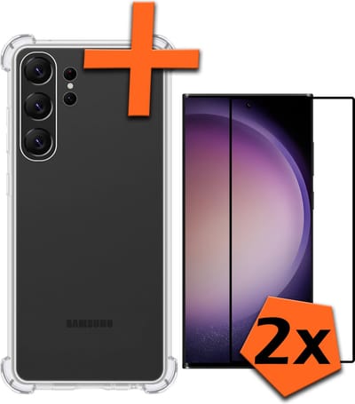 Hoes - Met Screenprotector - 2 Stuks - Geschikt voor Samsung Galaxy S23 Ultra - Sterk & Shockproof - Siliconen Case - Back Cover - Telefoon Hoes - Shock Proof - Transparant