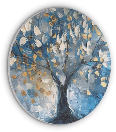 Akoestisch wandpaneel rond 30x30 cm - Vilt schilderij Boom - Blauw - Goud - Abstract - Ronde akoestische panelen - Geluidsdempende wanddecoratie - Geluidsisolatie wandcirkel - Muurdecoratie geluidspanelen