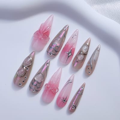 GimmeClawz Press On Nails - Fake nails - Handgemaakte Press-On Nagels - 24 Plakstickers,Roze Chrome Lange Almond Nagels - Twilight Sparkle - Maat XS
