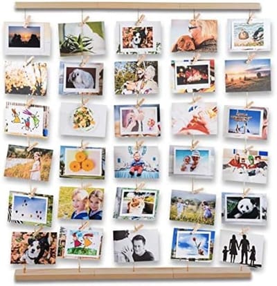 Fotolijst Collage Set - Houten Fotowand met Waslijn Look - 30 Klemmen voor Foto's, Kaarten en Kunstwerken - Inclusief Montagemateriaal - Wanddecoratie voor Woonkamer, Slaapkamer of Kantoor