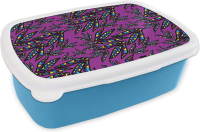 Broodtrommel Blauw - Lunchbox - Brooddoos - Veren - Patroon - Pluimen - Paars - 18x12x6 cm - Kinderen - Jongen