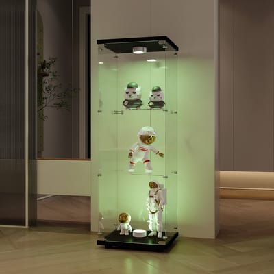 Glazen vitrinekast met dimbare ledlamp en slot, 3 niveaus, zwarte vitrinekast, woonkamer, slaapkamer, kantoor