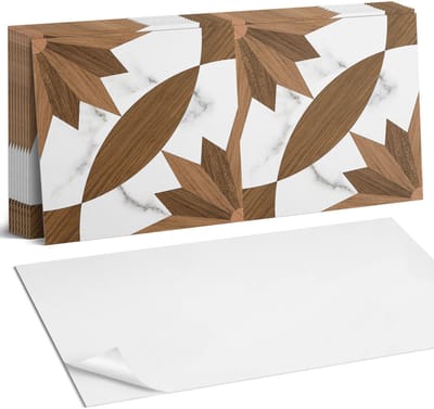 Coloray Plaktegels - Geometrisch patroon met hout Zelfklevende Wandtegels - 40 cm x 20 cm - Bruin Plaktegels - 10 stuks - Rechthoek PVC Tegels - Plaktegels Badkamer - Vloertegels Zelfklevend - Vinyl Tegels - Portugese Tegels